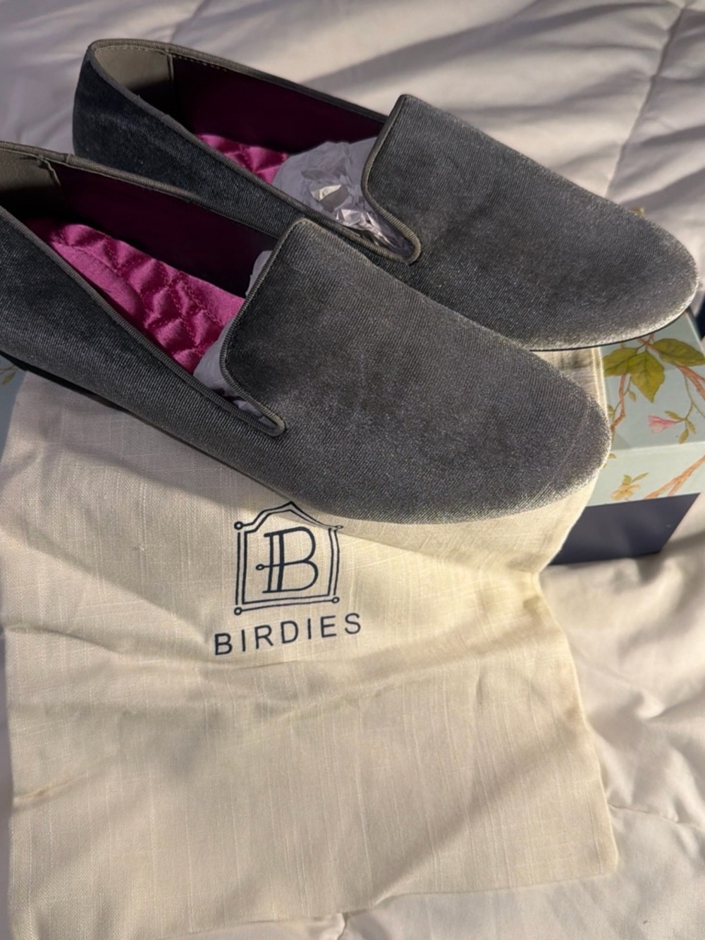 Birdies Gray Velvet Slip-On Flats with Pink Interior